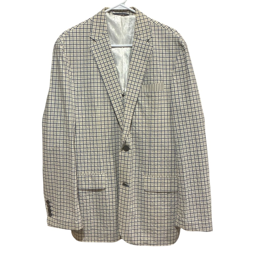 Robert Graham Mens Blue Cream Check Cotton Sport Coat Blazer 40 Paisley Lining